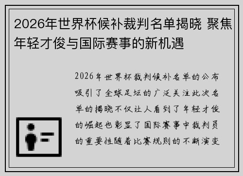 2026年世界杯候补裁判名单揭晓 聚焦年轻才俊与国际赛事的新机遇