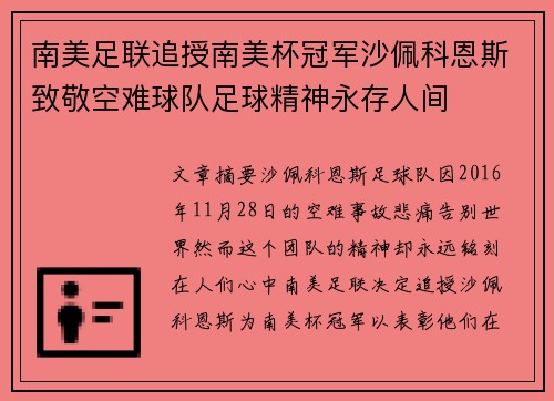 南美足联追授南美杯冠军沙佩科恩斯致敬空难球队足球精神永存人间