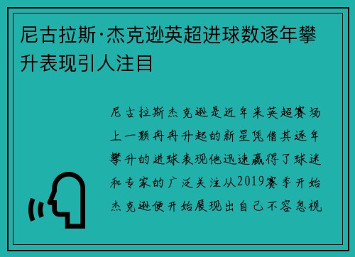 尼古拉斯·杰克逊英超进球数逐年攀升表现引人注目